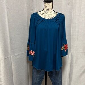 Blue Mood Boho-Style Blue 3/4 Sleeve Bell Floral Embroidered Tunic Blouse Sz 1X